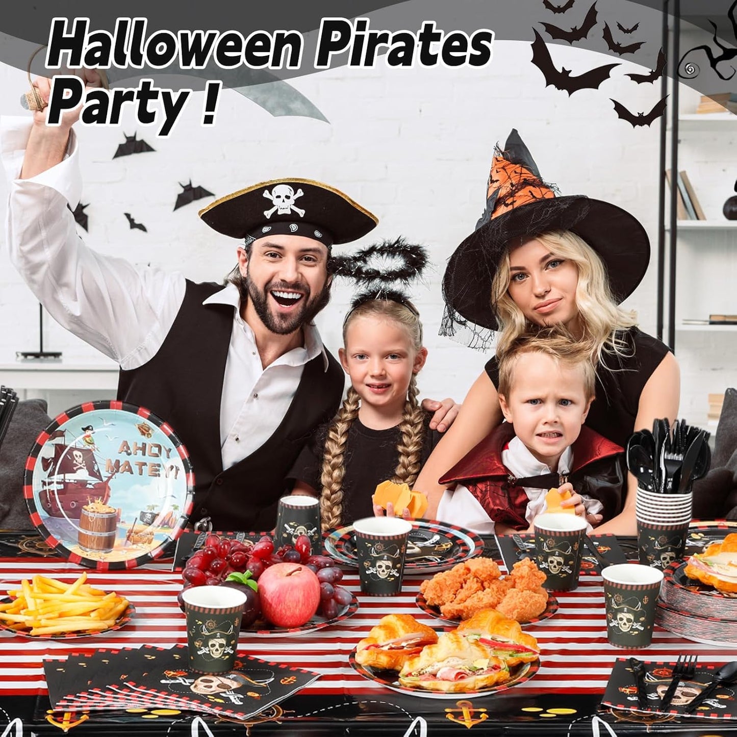 452 Pcs Pirate Party Supplies Decorations for 50 Guests, Pirate Treasure Theme Paper Plates Napkins Cups Tablecloth Cutlery Straws for Adult Halloween Birthday Party Decorations