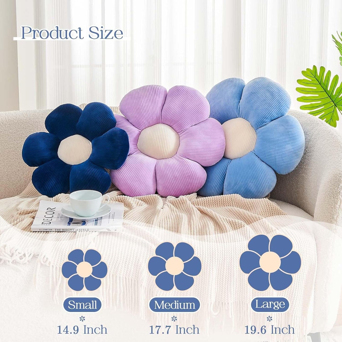 Navy Flower Pillow, 19.6" Cute Flower Shaped Floor Pillow, Aesthetic Floral Plush Daisy Decorative Throw Pillows for Bed Sofa Couch