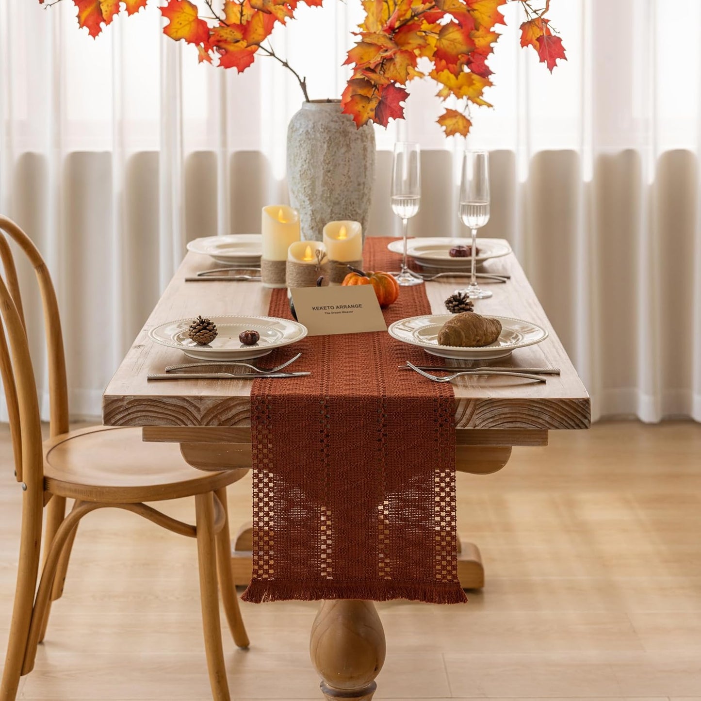 Boho Rust Table Runner for Home Decor 12x48 Inches Farmhouse Macrame Burlap Jute Rustic Dining Kitchen Centerpiece Bohemian Decor French Country Baby Bridal Shower Decorations