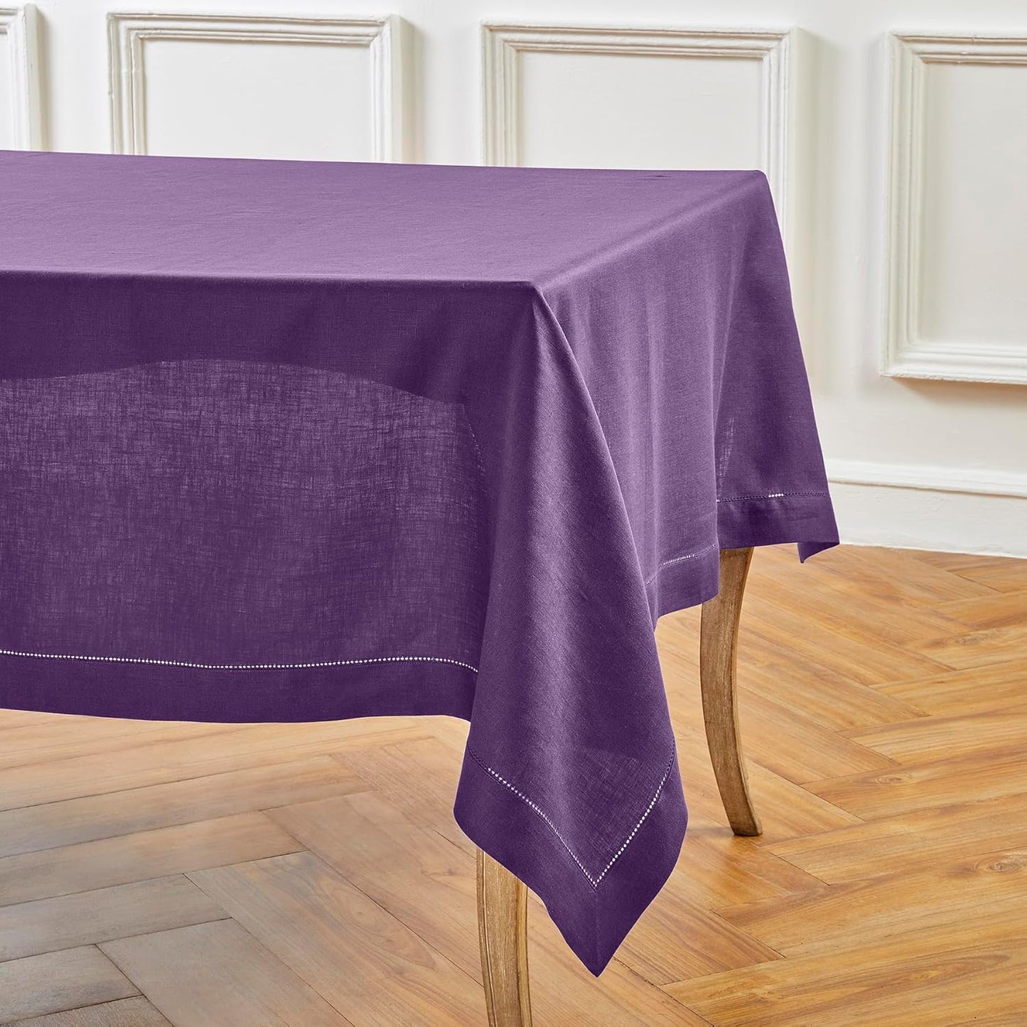 Solino Home Linen Tablecloth for Rectangle Tables 60 x 132 Inch - Classic Hemstitch 100% Pure Linen Purple Table Cloth - Machine Washable Cloth Tablecloth for Fall, Autumn, Halloween, Thanksgiving
