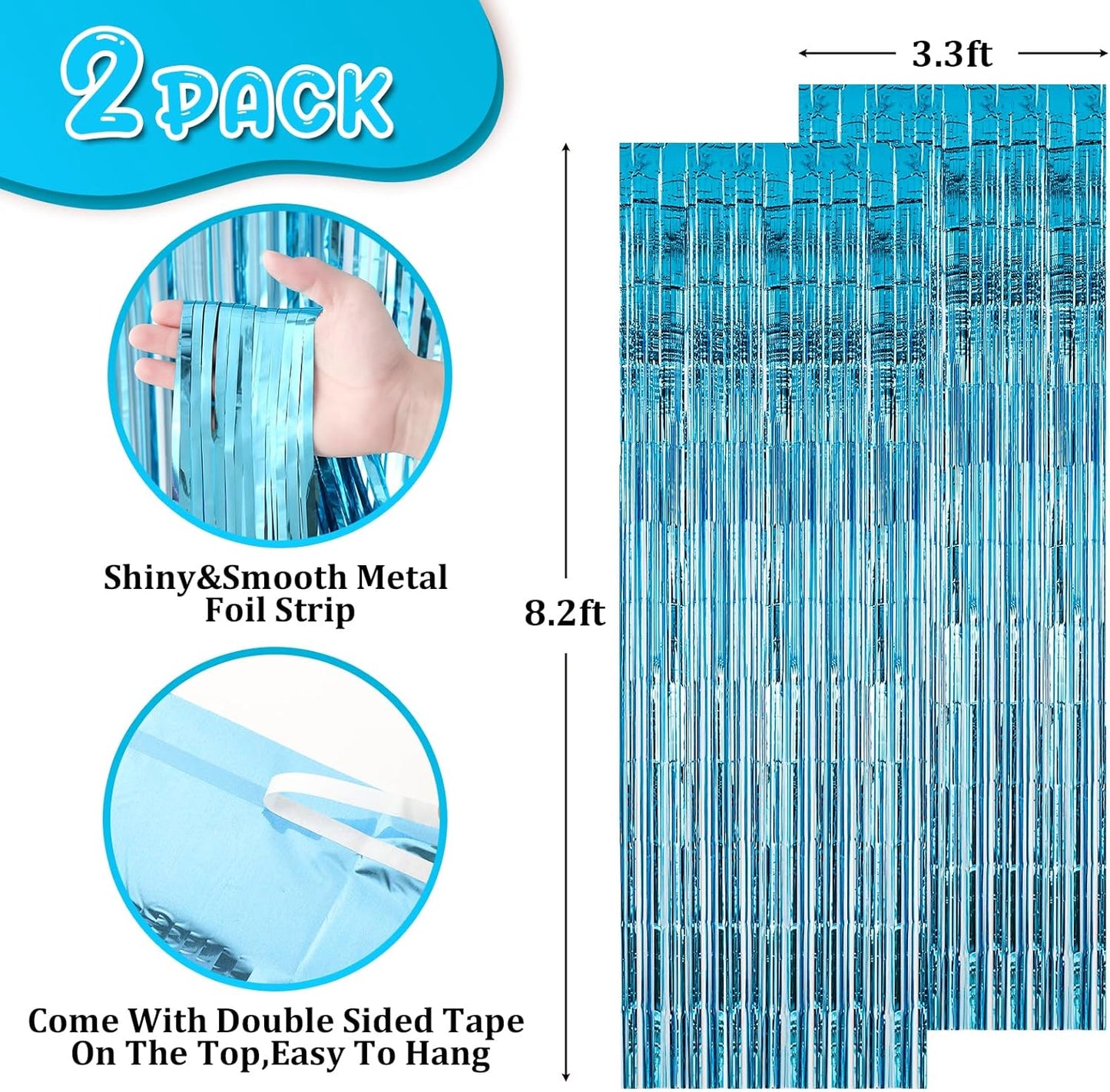 2 Pack 3.3x8.2 Feet Light Blue Foil Fringe Backdrop Curtains, Tinsel Streamers Birthday Party Decorations, Fringe Backdrop for Graduation, Baby Shower, Gender Reveal, Disco Party