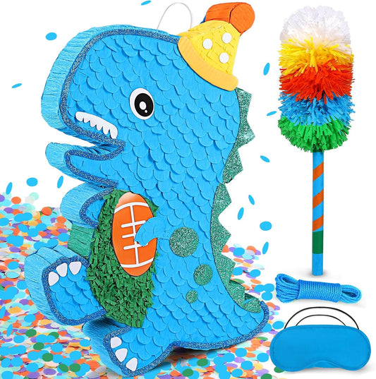 Large Dinosaur Pinata Bundle with a Blindfold, Bat (24 x16.5 x4 Inches), Dino Baby with Football Decorations for Boy Animal Theme Birthday Party