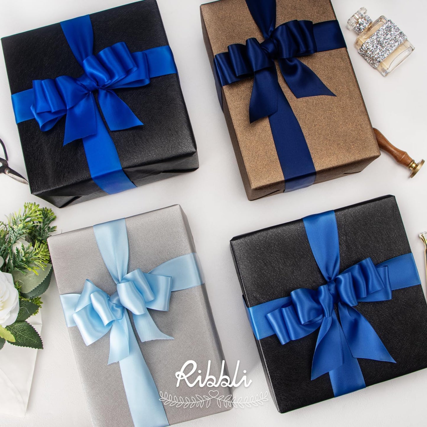 Ribbli Blue Satin Ribbon 1-1/2 Inch x 4 Rolls Total 40 Yards- Baby Blue/Royal Blue/Electric Blue/Navy Ribbon for Gift Wrapping Craft Wedding Decoration