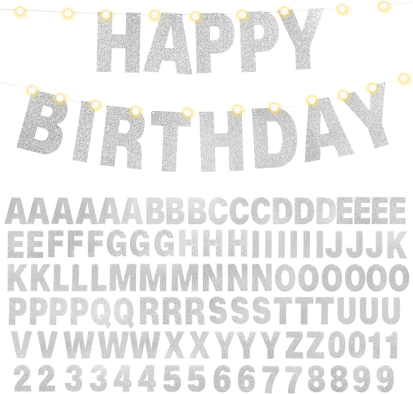 TaoBary 112 Pcs DIY Letter Kit Glitter Customizable Banner Letters Include 107 Letters and Numbers 3 Rope and 2 Needles for Birthday Halloween Christmas Wedding Valentine Party Decor(Silver)