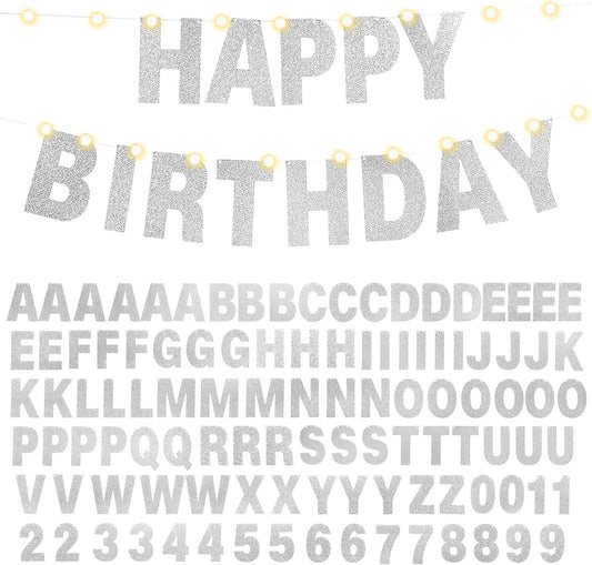 TaoBary 112 Pcs DIY Letter Kit Glitter Customizable Banner Letters Include 107 Letters and Numbers 3 Rope and 2 Needles for Birthday Halloween Christmas Wedding Valentine Party Decor(Silver)