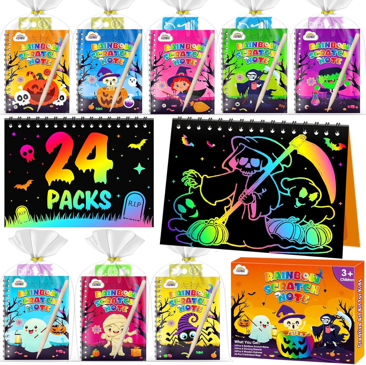 ZMLM Rainbow Scratch Party Favors Kids: Birthday Gifts Toy Bulk Scratch Art Notebook 24 Pack Birthday Goodie Bags Stuffers Girls Boys Art Craft Pad Classroom Prizes School Teacher Supplies (Halloween)