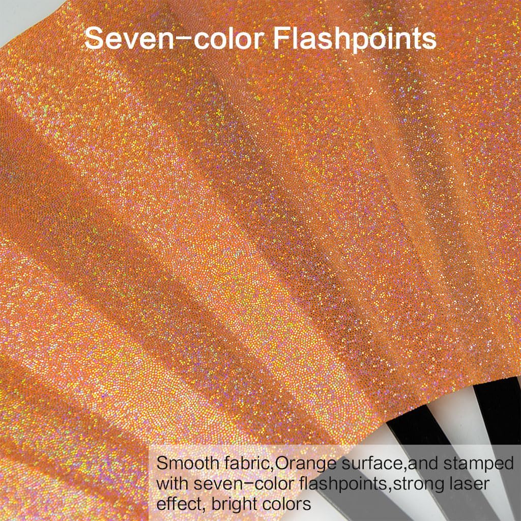 Large Rave Fan, Clack Folding Hand Fan with Premium Fabric, Thick Bamboo Frame for Men Women Gift for EDM, Festival, Club, Party, Dance, Decoration (Lridescent Orange, 13")