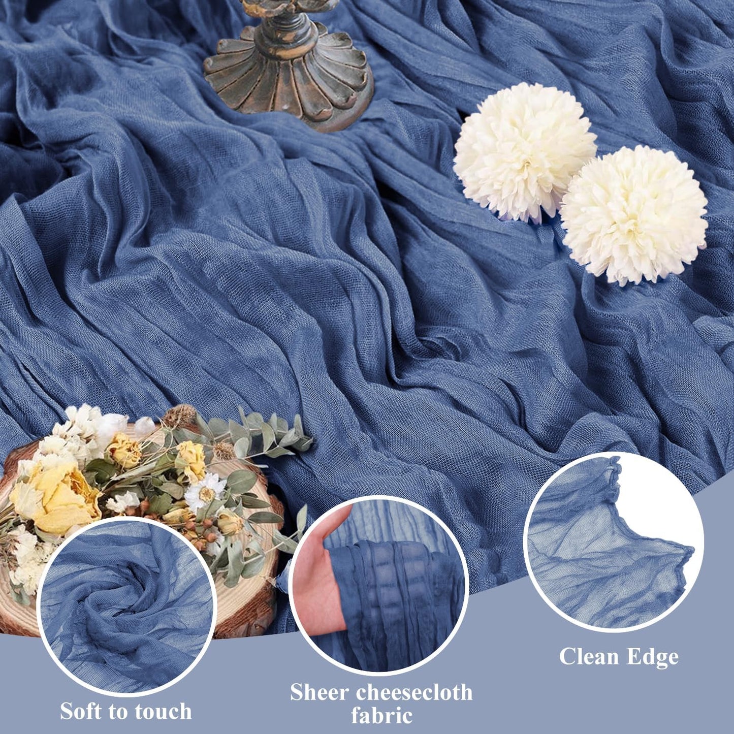 Asee'm 3pcs Cheesecloth Table Runner 120 Inches Long Blue Boho Gauze Cheese Cloth Runner 10FT Rustic Sheer Table Runners for Christmas Wedding Party Baby Shower Spring Easter Decoration