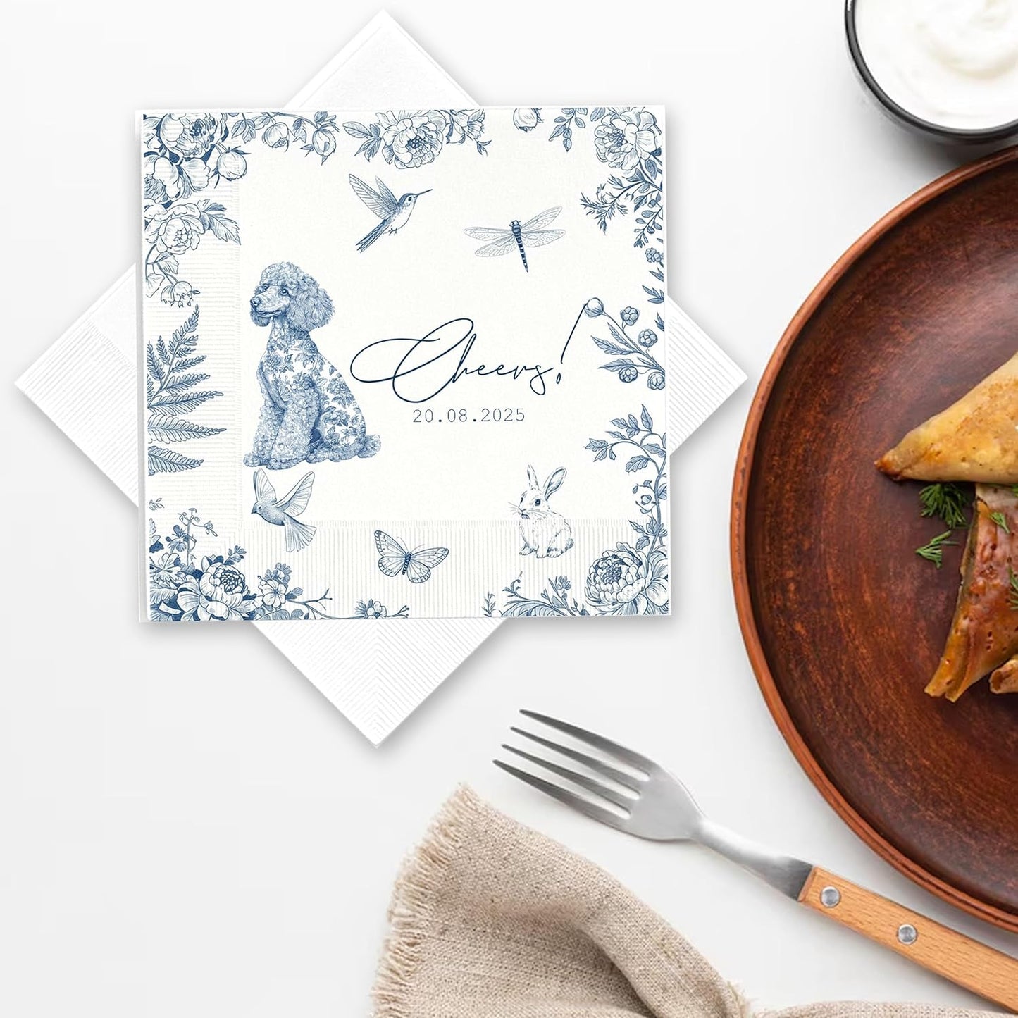 Luxury Personalized Dog Wedding Napkins, Custom Wedding Cocktail Napkin, Blue Floral Cocktail Napkins, Blue and White Flower Paper for Bridal, Engagement Party, Bridal Shower