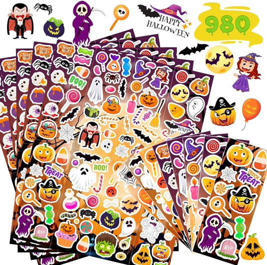 Halloween Stickers 980Pcs Assorted Halloween Stickers for Kids Halloween Party Favors, Classroom Crafts, Goodie Bags, Decorations, Trick or Treat Halloween Party Supplies
