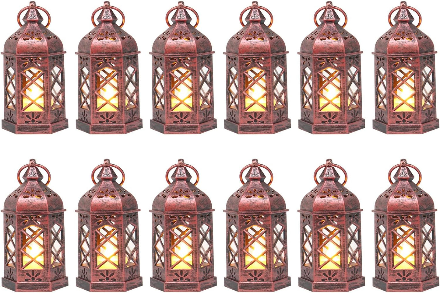 12PCS Mini Lantern with Flicker LED Candle for Halloween Decorations, Small Lanterns Decorative, Vintage Hanging Moroccan Lantern for Wedding Halloween Christmas Decor, Table Centerpiece, Rose Gold
