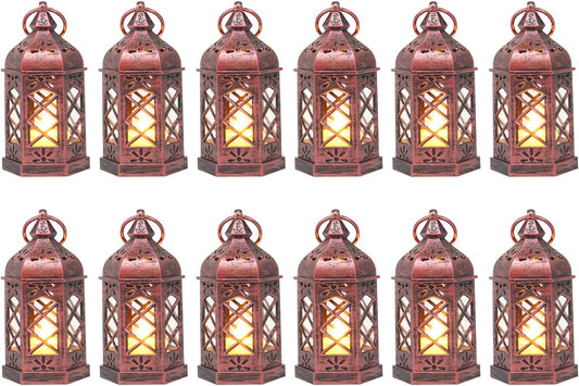 12PCS Mini Lantern with Flicker LED Candle for Halloween Decorations, Small Lanterns Decorative, Vintage Hanging Moroccan Lantern for Wedding Halloween Christmas Decor, Table Centerpiece, Rose Gold