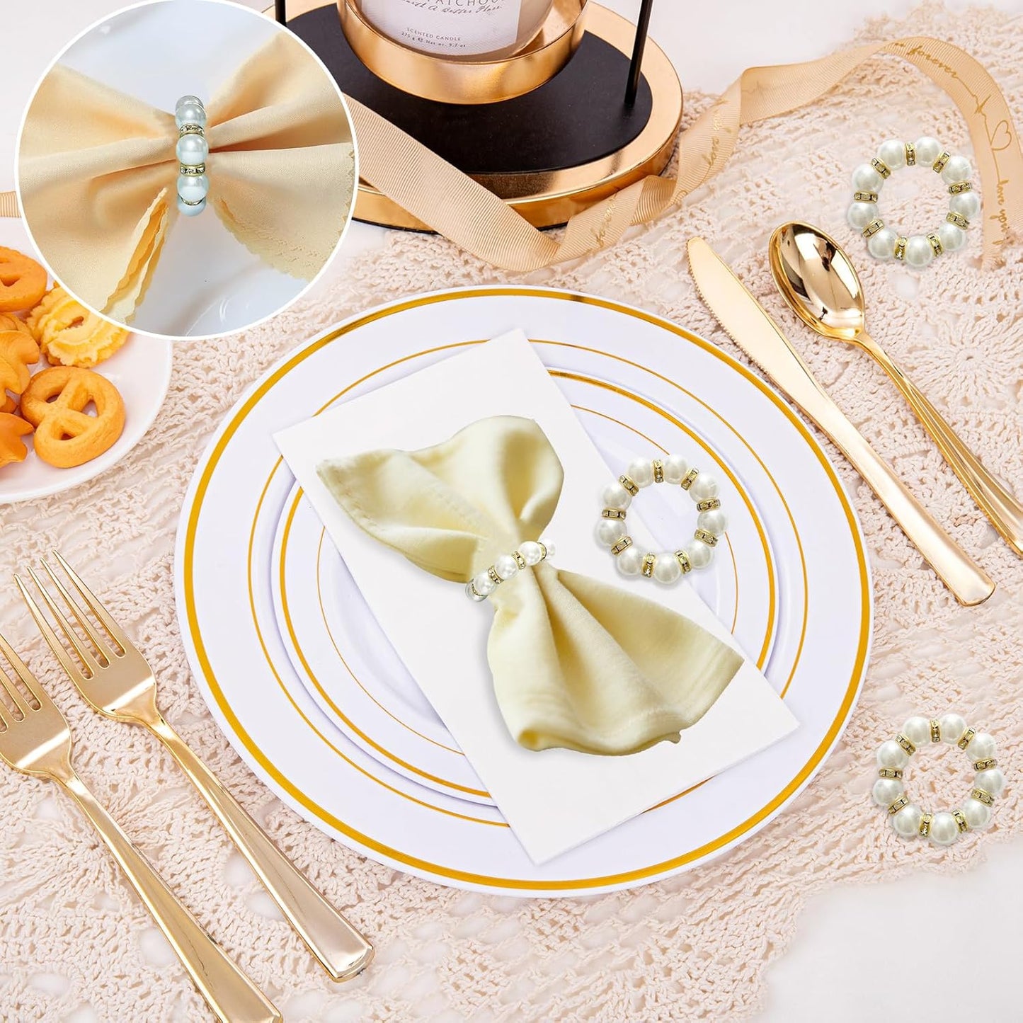 48 Pcs Gold Disposable Napkin Rings, Delicate Pearl Napkin Ring Holder, White & Golden Beaded Serviette Buckles for Formal Wedding Dinner Home Decor Party Supplies