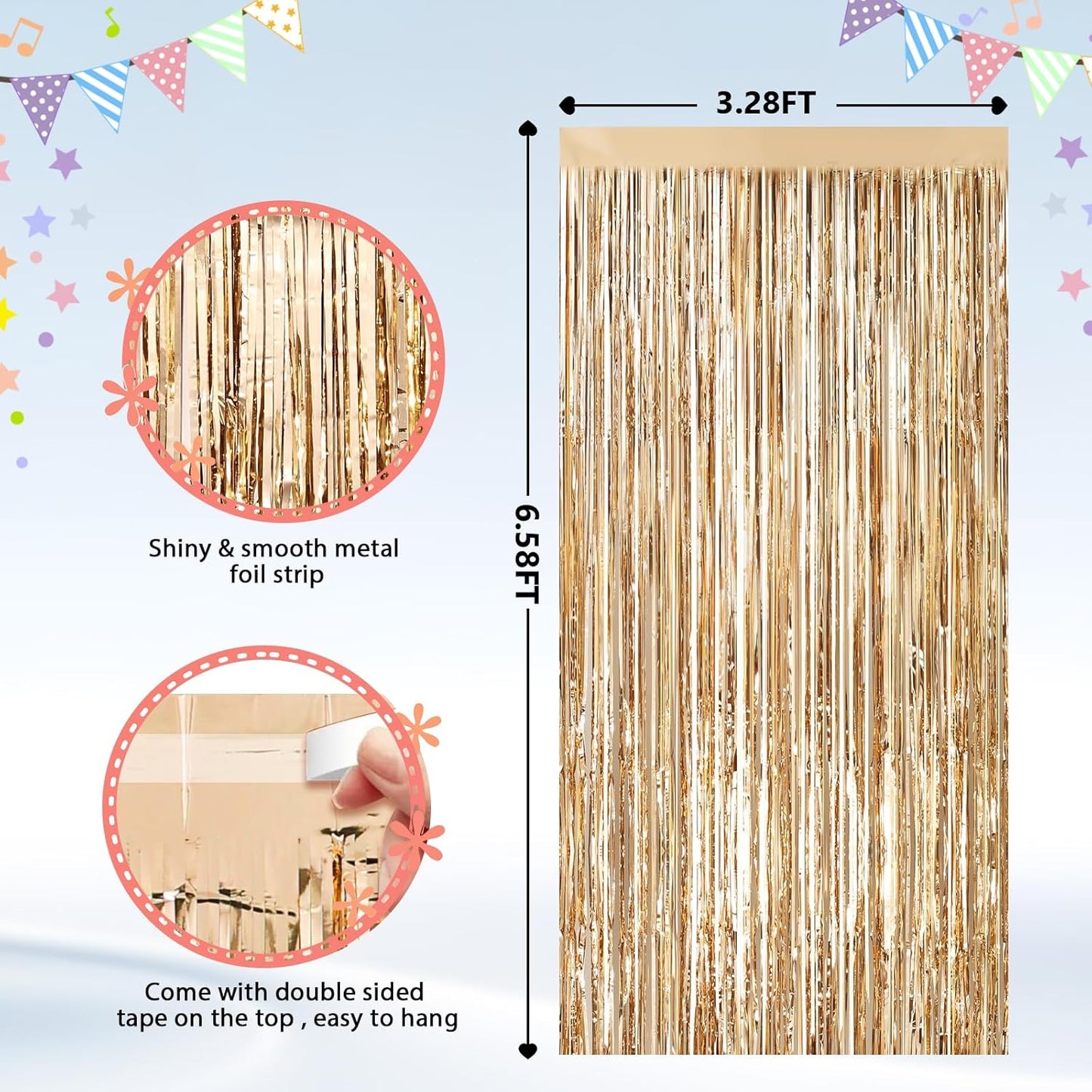 2Pack Champagne Gold Foil Fringe Backdrop Curtains, Tinsel Door Streamers, Fringe Backdrop for Graduation New Years Eve, Graduation, Birthday, Wedding, Baby Shower, Gender Reveal, Disco Party Decors