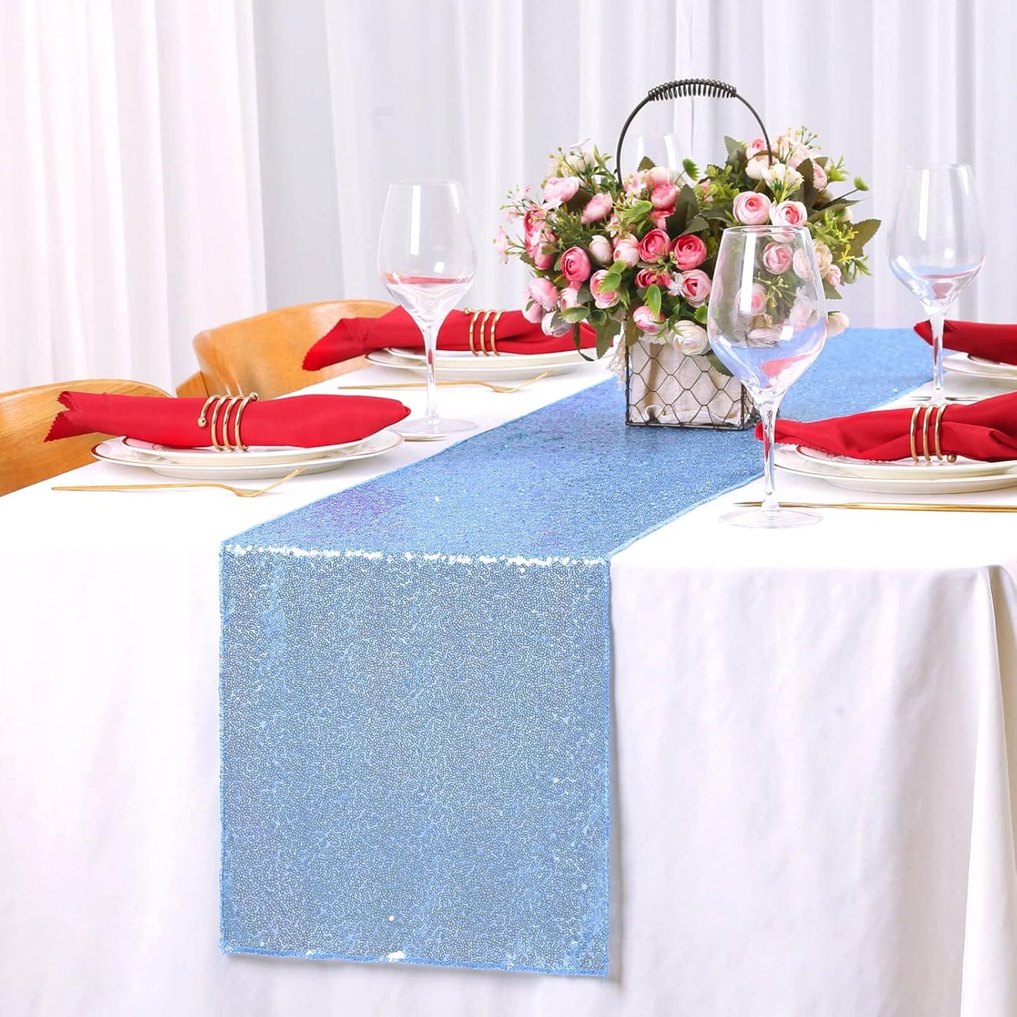 Sequin Table Runners 5 Pieces Baby Blue Table Runners 12x72 Inch Glitter Table Cover for Party Wedding Birthday Reception Banquet Decoration Spring Party Chair Sashes