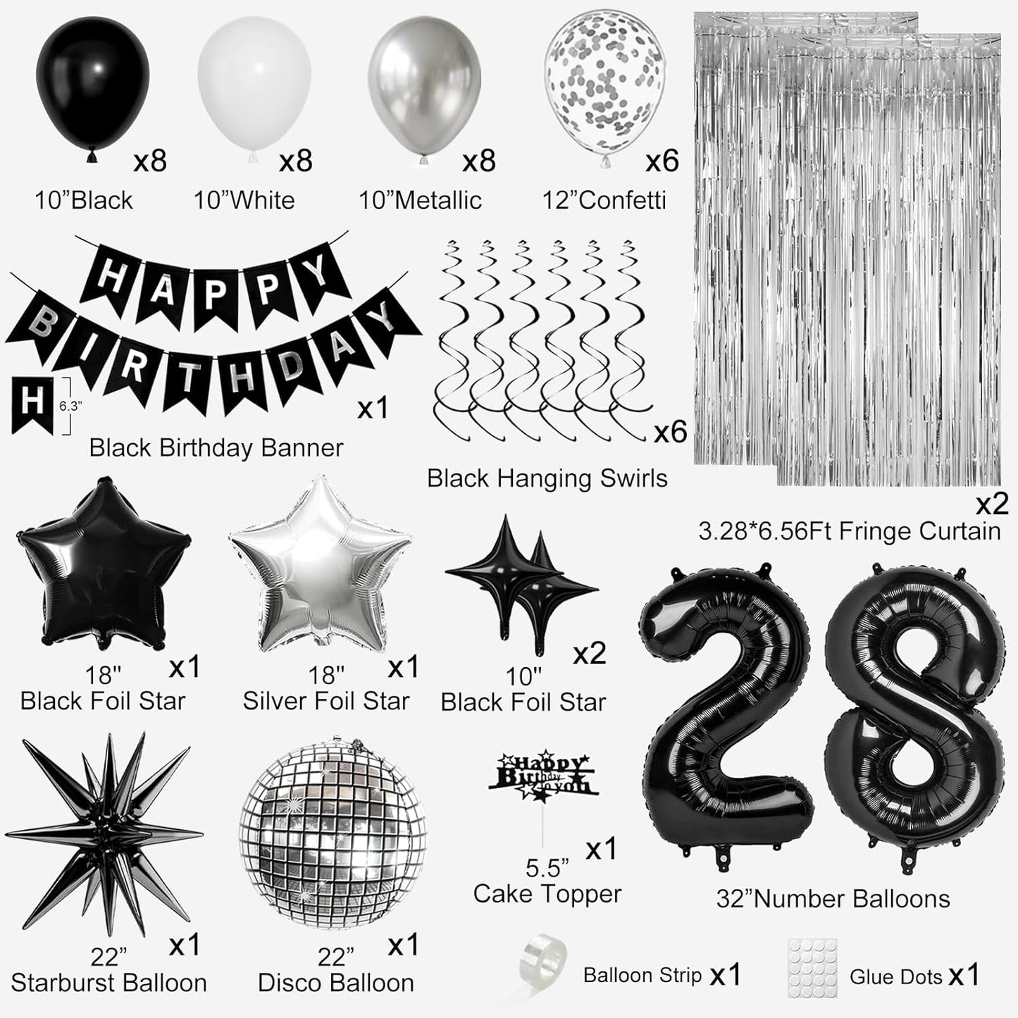 28th Birthday Decorations for Men Women, Black Silver Happy Birthday Party Decorations， 28 Year Old Party Supplies with Number 28 Balloons, Banner, Fringe Curtains Kit