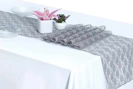 MDS Pack of 15 Wedding 12 x 108 inches Lace Table Runner for Wedding, Decorations for Birthday Parties, Banquets, Graduations, Engagements, and Runners fit Rectangle, Round Table- Silver Gray