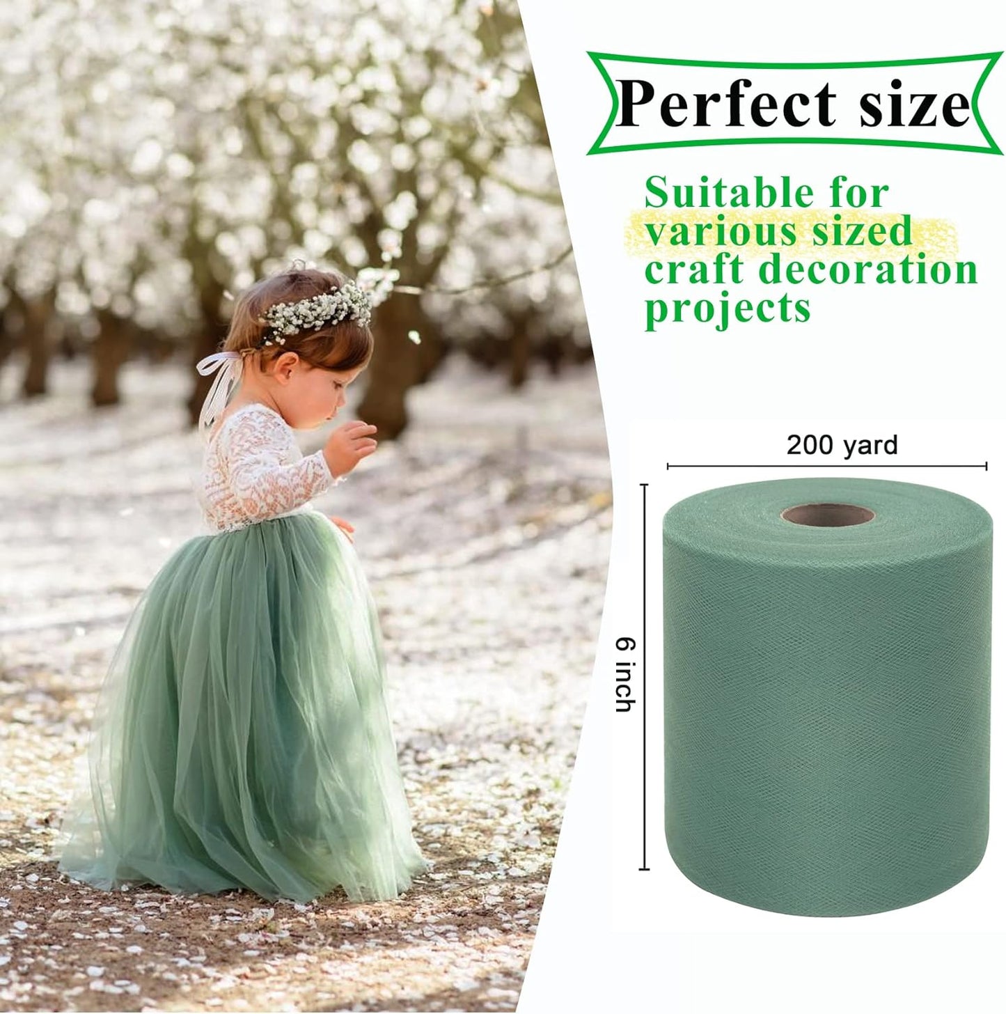 Sage Green Tulle Fabric Rolls 6 Inch by 200 Yards (600 feet) Fabric Spool Tulle Ribbon for DIY Tutu Bow Baby Shower Birthday Party Wedding Decorations Craft Supplies