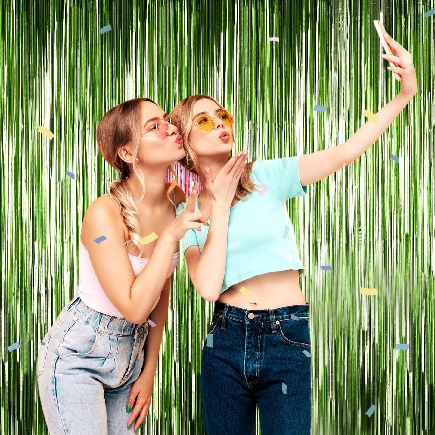 4P Metallic Foil Fringe Tinsel Table Skirts for Rectangle Tables Backdrop Banner Streamer Garland Curtains for Parade Floats Wedding Graduation Anniversary Birthday Parties Decoration (Light Green)