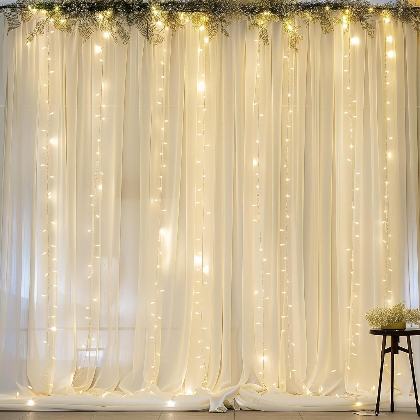 10ft x 10ft Beige Chiffon Backdrop Curtain with Lights String for Parites Wedding Wrinkle Free Curtain Photo Backdrops Drapes for Baby Shower Birthday Party Home Decorations