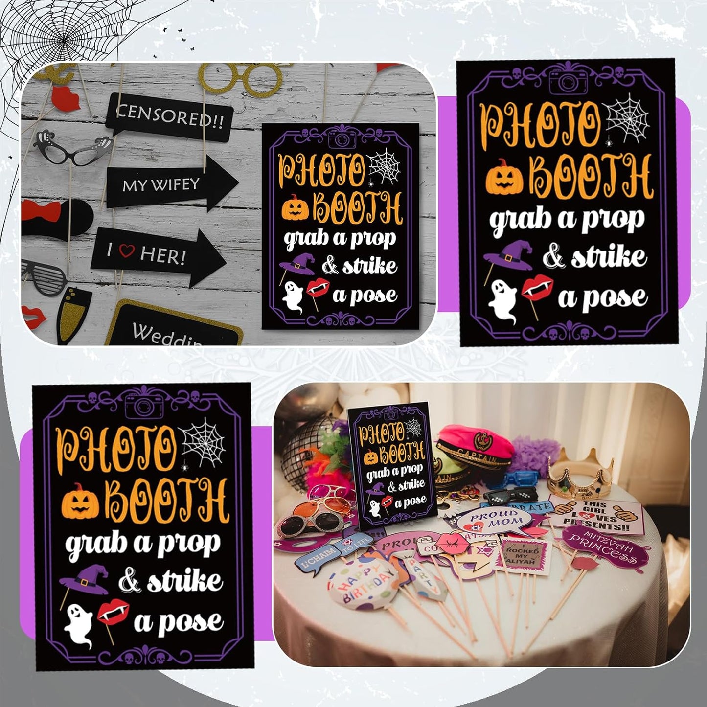 Photo Booth Sign with Stand Retro Background Table for Halloween Indoor and Outdoor Party Theme Event Photography Props Desktop Decoration Supplies