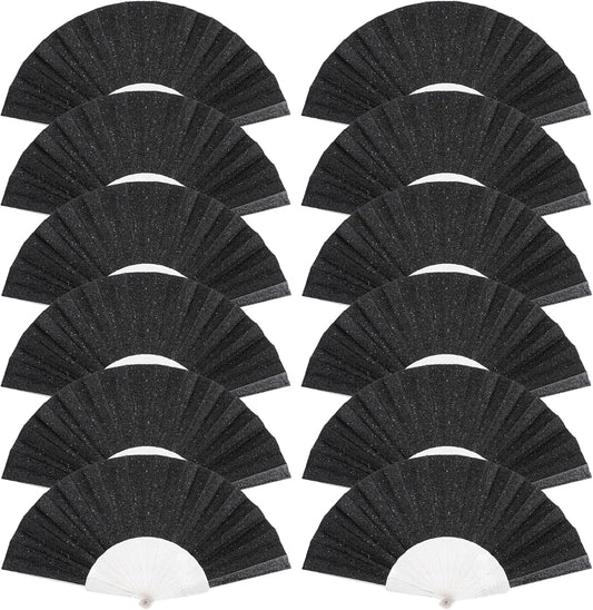 12 Pack Handheld Fan,Folding Hand Glitter fan with Shining Transparent Fan Rib – Ideal for Wedding, Church, Festival, Dance, Tea Party, Club, and EDM Accessories, Black