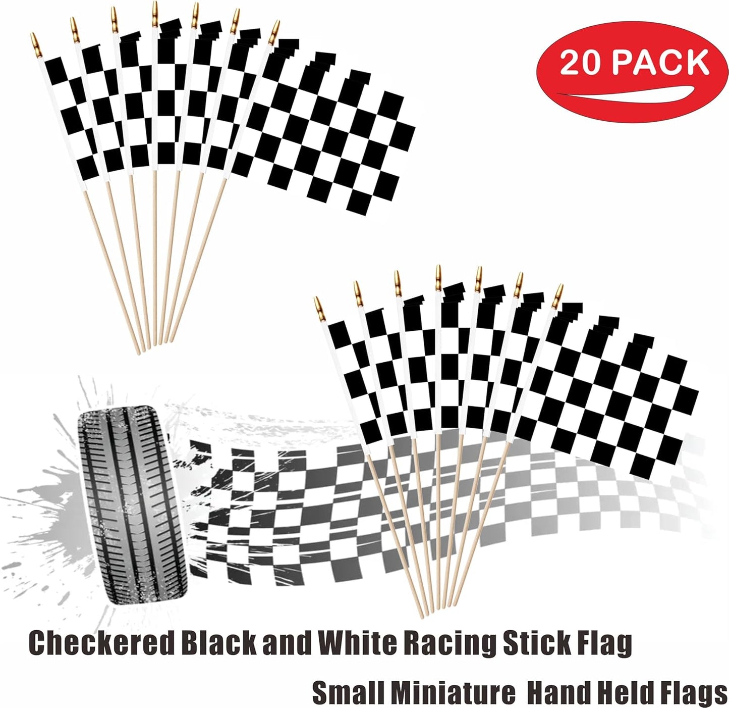 20 Pack Checkered Black and White Racing Mini Stick Flags Small Miniature Handheld Race Car Flag Decorations,5x8 Inch