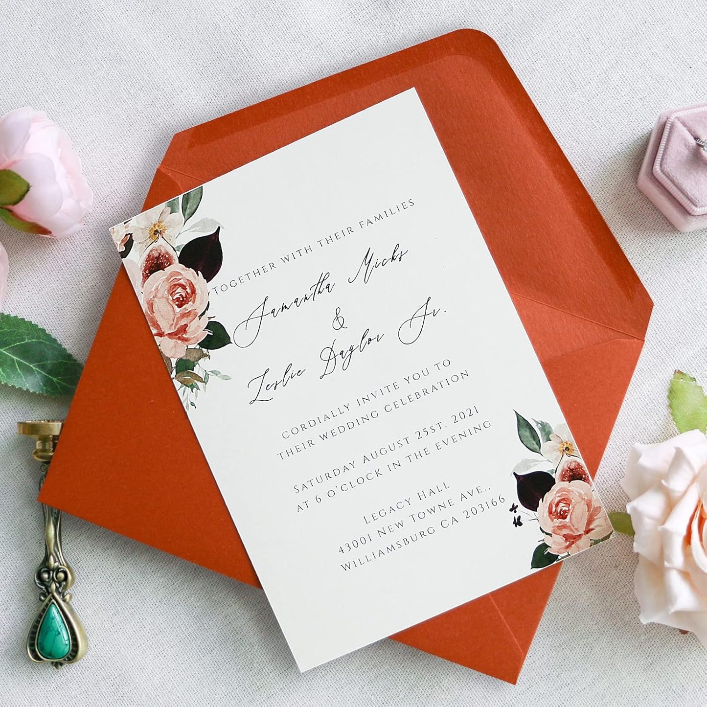 PONATIA 50 Pieces/Lot A7 Envelopes, 5.35 x 7.5'' Burnt Orange Envelopes, Perfect For 5''x7'' Wedding Invitation Cards, Graduation Invite, Acrylic Invitations, Photos