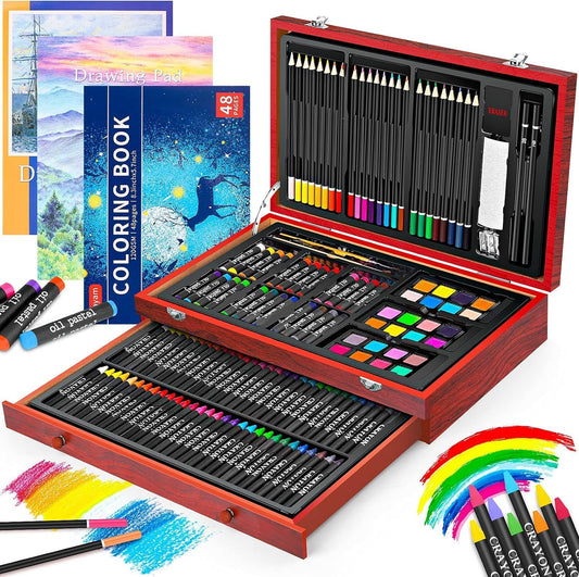 Art Supplies, 150-Pack Deluxe Wooden Art Set Crafts Drawing Painting Kit with 2 -Sketch Pads, 1-Coloring Book, Gift Box for Kids Adults Artist Beginners Teens Girls Boys 5 6 7 8 9 10 11 12