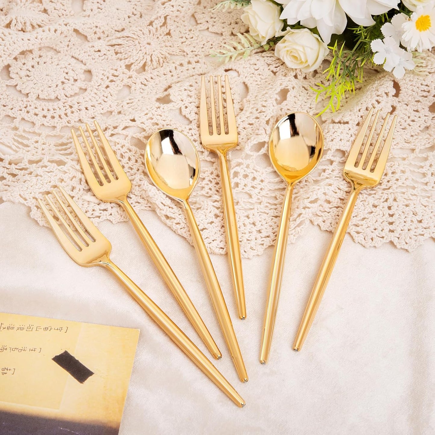 SUT 100PCS Gold Plastic Forks and Spoons Heavy Duty Set, Gold Disposable Silverware, Gold Cutlery, Gold Disposable Utensils, Plastic Flatware Includes 50 Forks, 50 Spoons for Party
