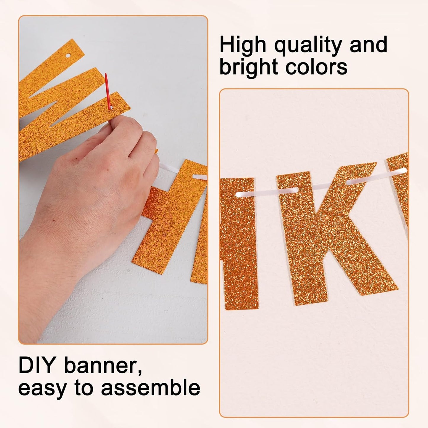 BEISHIDA 116 PCS Glitter Orange DIY Letter Banner Kit Make Your Own Banner，Including 111 Letters and Numbers 3 Rope and 9 Threading Device,Customized for Birthday Halloween Wedding Party Decor