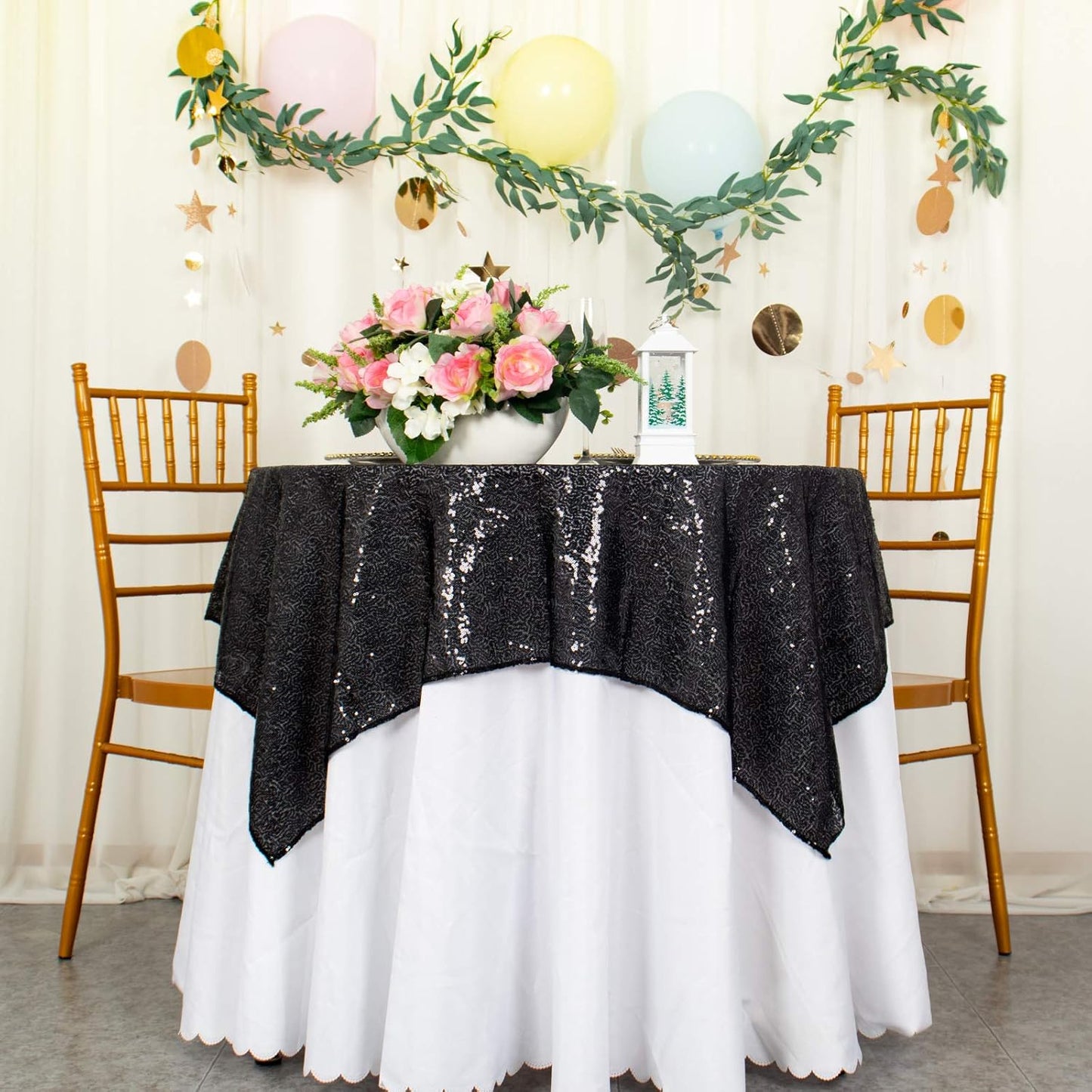 ShinyBeauty Sequin Tablecloth Square Black 54''x54'' - Glitter Table Overlay for Dinning, Party, Event Decoration - Birthday Table Cloth
