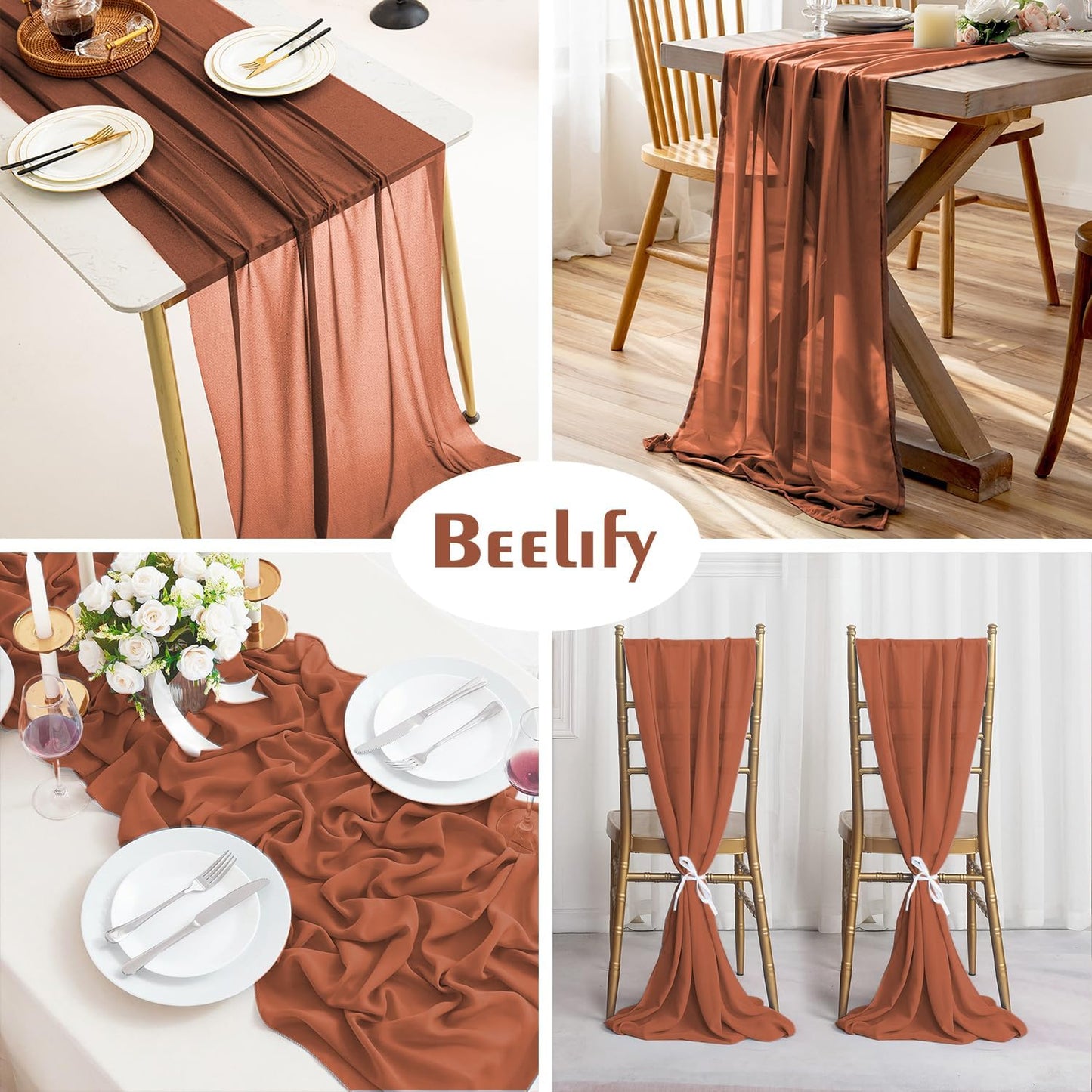 6 Pack 10 Ft Chiffon Table Runner Rust Gauze Long Table Runners 27x120 Inches Sheer Tulle Table Runner for Rustic Wedding Reception Bridal Shower Decorations Birthday Party