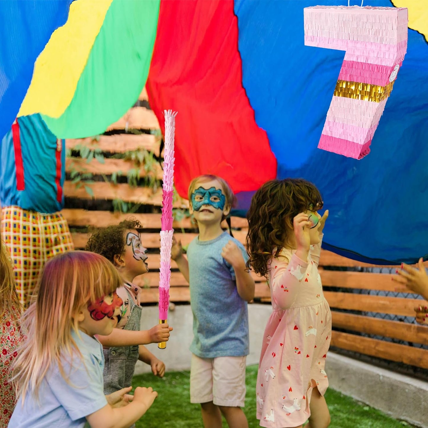 PCFING 20 Inch Number 7 Piñata Pink Gold with 30 Inch Piñata Stick Blindfold Confetti for Boys Girls Adults Birthday Party Decorations, Anniversary Celebration, Fiesta