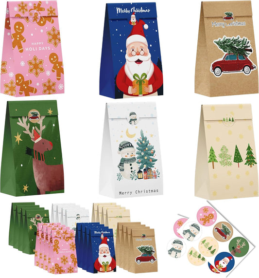 Riccioofy Christmas Treat Bags - 24 PCS Gift Bags with Stickers | CHRISTMAS Bags for Gifts | Xmas Party Favors for Kids | Small Christmas Gift Bags Assorted Sizes Baskets Decorations