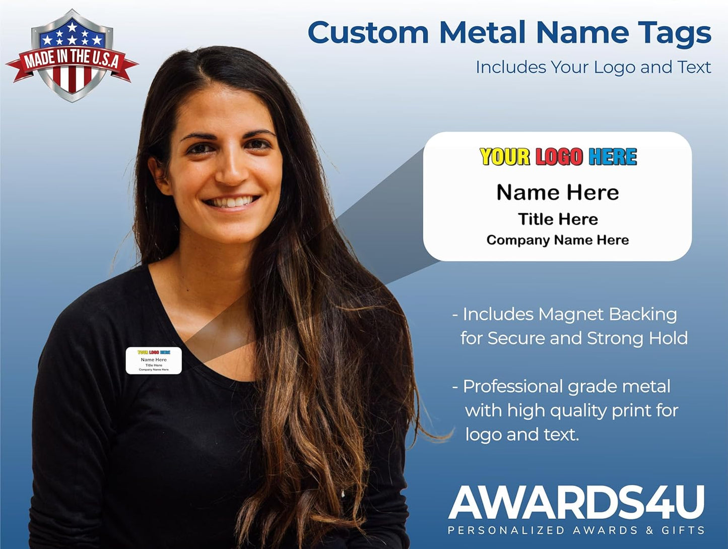 Custom Name Tag with Logo - Personalized Name Badge with Magnet Backing - Choose Your Size and Color (White Metal 3"x1.5" - Logo on Top)