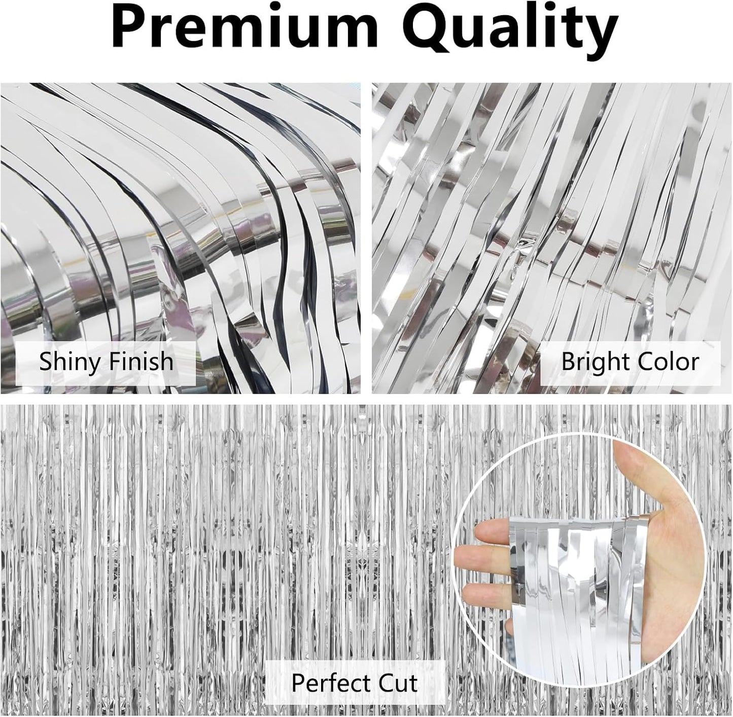 Christmas Decorations Silver Streamers Thicken 4 Pack 3.2 x 8.2 FT, Silver Tinsel Foil Fringe Backdrop Curtains, Photo Booth Props for Birthday, Bachelorette, Prom, Engagement, Disco Party Decorations