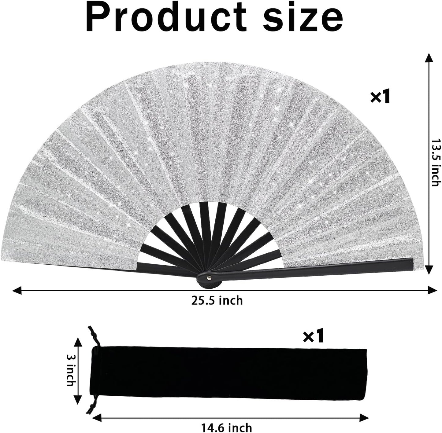 Glitter bling Large Folding Fan-Hand Fan Rave Clack Popping Fan for Line Dancing Clacking Fans for Boots On The Ground Dance, Party for EDM, Music Festival, Hot Flashes, Party, Decoration(1pcs silver)