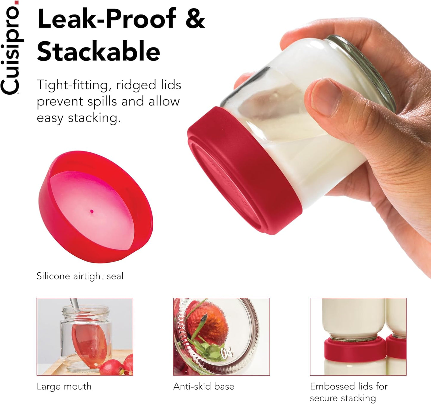 Cuisipro Jars with Lids, 6 Oz Glass Jars with Airtight Lid Wide Mouth, 4 Pack, Canning Jars for Liquid, Glass Container for Yogurt, Spice, Red