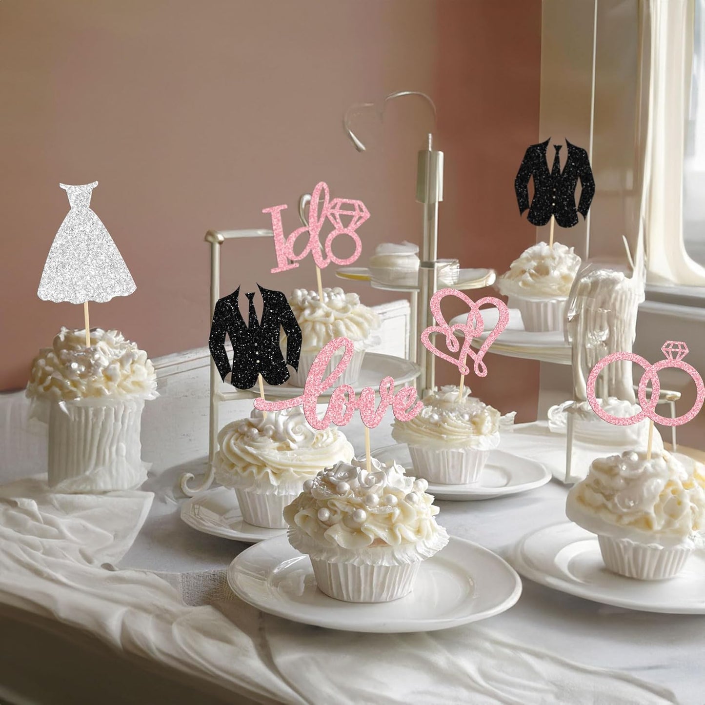 Gyufise 24Pcs Wedding Cupcake Toppers Glitter Groom and Bride Cupcake Picks Love I Do Ring Heart Cake Decorations for Bridal Shower Wedding Engagement Party Cake Decorations Supplies