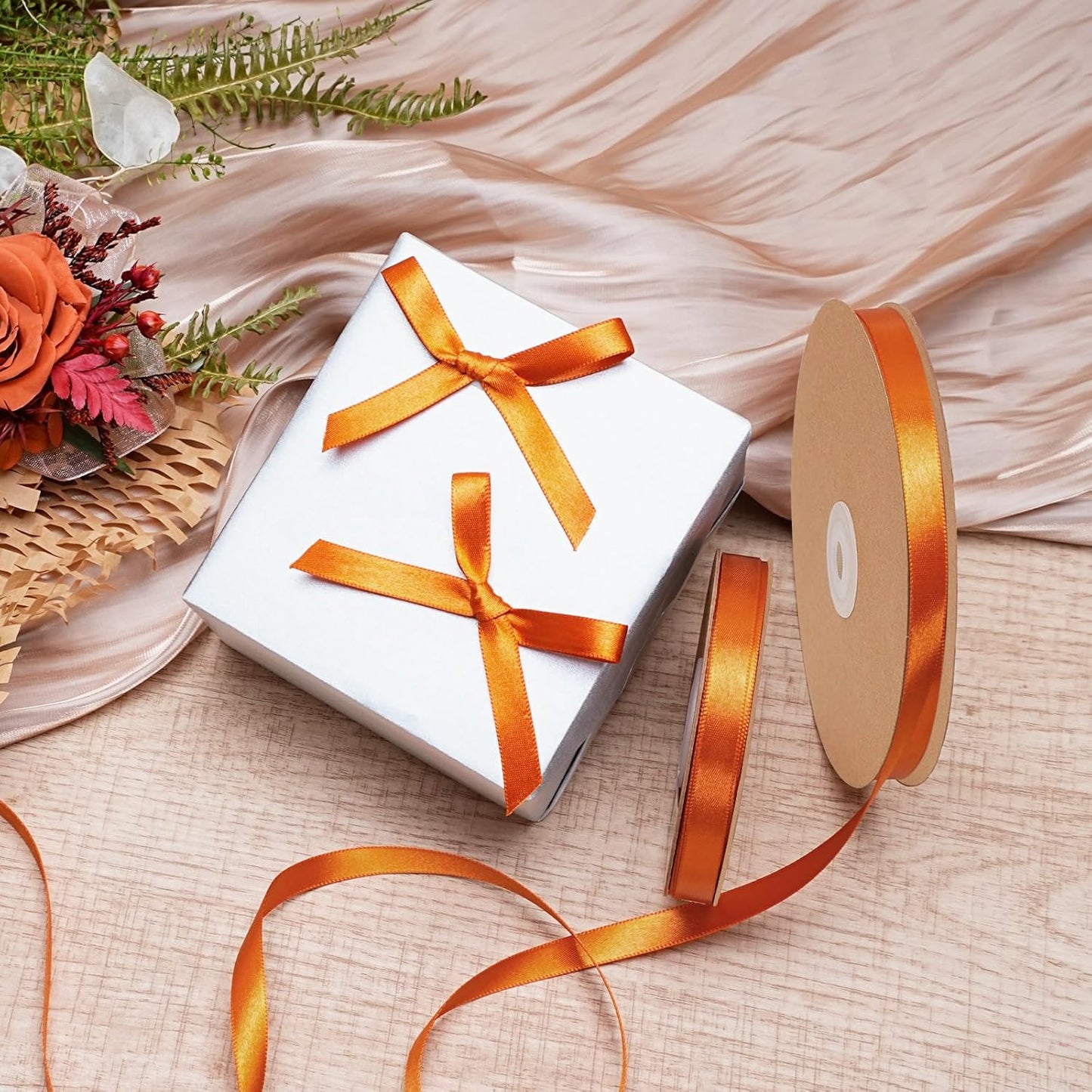 LaRibbons Orange Ribbon 3/8 Inch 25 Yards Luxury Double Faced Russet Orange Silk Ribbon for Flower Bouquet Crafts Gift Wrapping Wedding Party Decoration