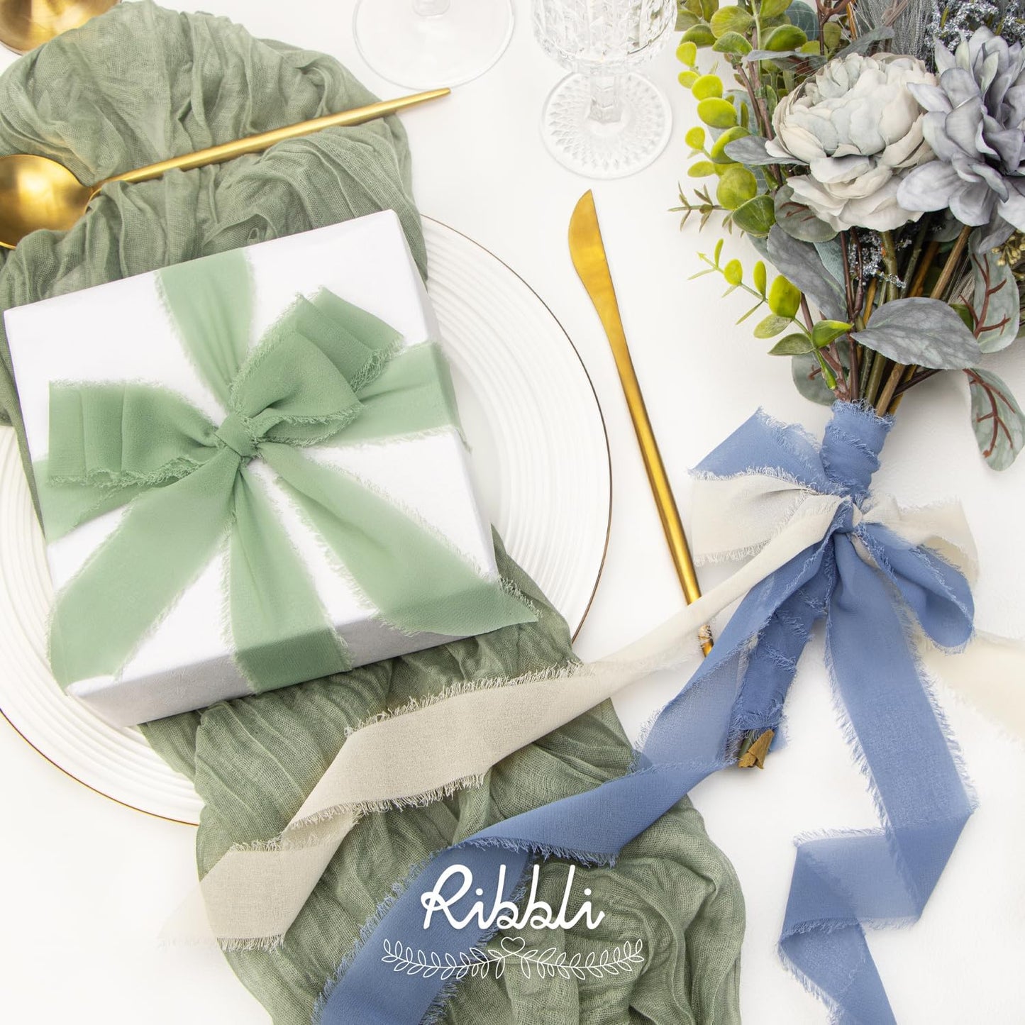 Ribbli Chiffon 1.5 Inch x 30 Yard Handmade Silk Ribbon - Ivory/Sage Green/Dusty Blue Fringe for Wedding Invitations, Bridal Bouquets, Wrapping, Flower Arrangement Decoration