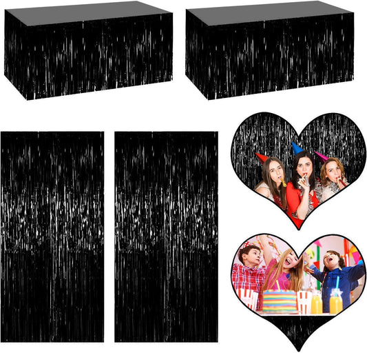 4P Metallic Foil Fringe Tinsel Table Skirts for Rectangle Tables Backdrop Banner Tinsel Streamer Garland Curtains for Parade Floats Wedding Graduation Anniversary Birthday Parties Decoration (Black)