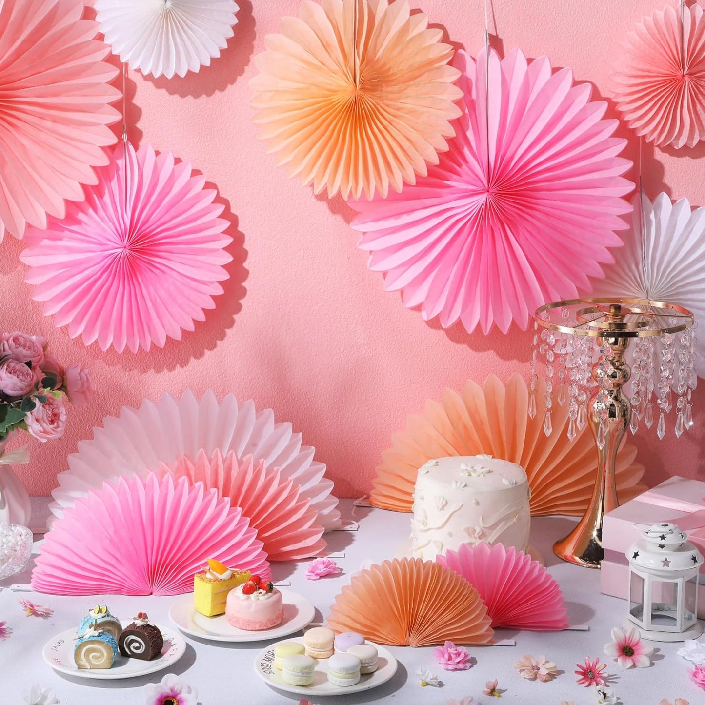 MotiMind 24 Pcs Hot Pink Paper Fans Pink Peach Party Decorations Classroom Decor Wall Background Ceiling Hanging Decoration for Birthday Wedding Baby Bridal Shower Engagement Party Decor