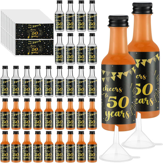 Vesici 50 Pack Mini Liquor Bottles 1.7oz Shot Mini Wine and Champagne Bottle Birthday Sticker with 2 Funnels Birthday Party Favor for Adult Guest Women Men Anniversary Celebration(Cheers to 50 Years)