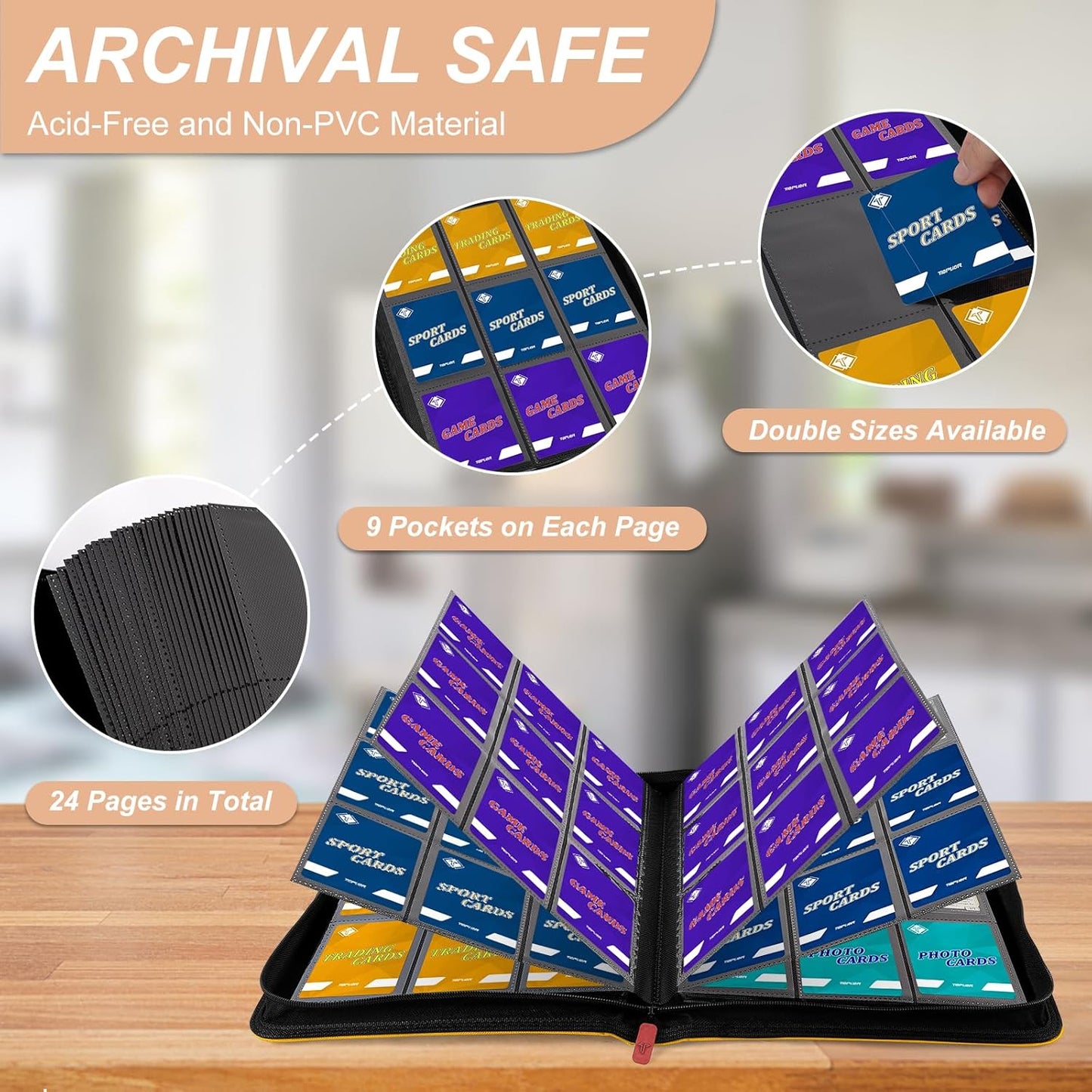 Trading Card Binder, Card Binder Album Fit for MTG Baseball Football Sports Cards, Easy to Use Card Collection Binder (Yellow, 432 Pockets)