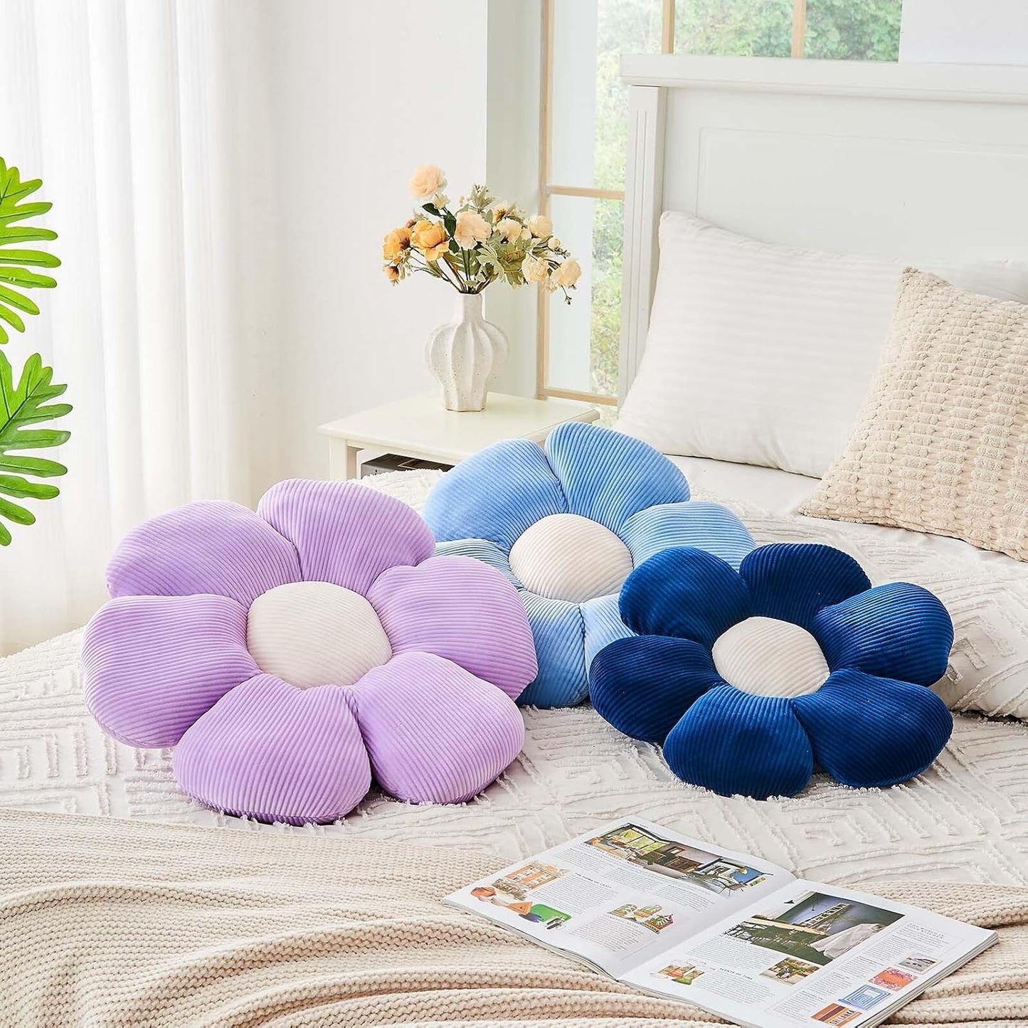 Dusty Blue Flower Pillow, 17.7" Cute Flower Shaped Floor Pillow, Aesthetic Floral Plush Daisy Decorative Throw Pillows for Bed Sofa Couch