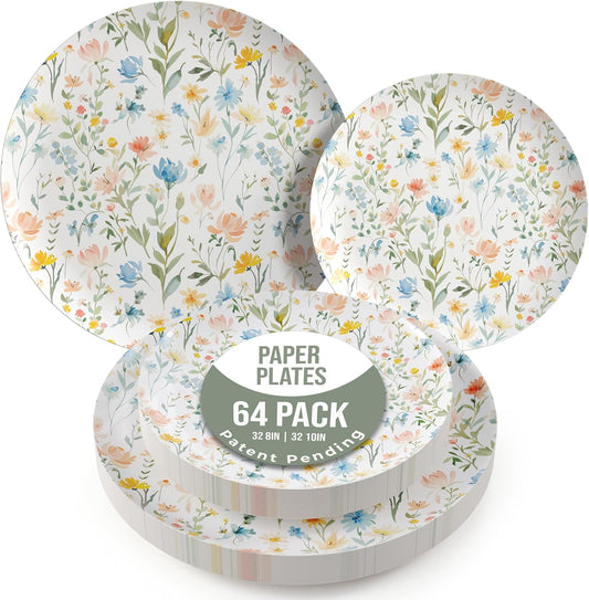 Trendables Heavy Duty Paper Plates Set For 32 Guests - 32 Each Of 8-inch And 10-inch Disposable Plates For Party - Fancy 64 Piece Dinnerware Set For All Occasions | Floral Design, Petite Fleur