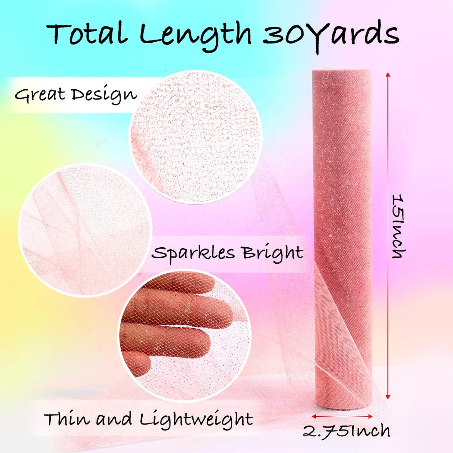 Sparkling Tulle Rolls, 15” by 30 Yards (90FT) Glitter Tulle Spool Ribbon Fabric for Wedding Birthday Bridal Shower Tutu Skirt Party Gift Wrapping(Rose Gold)