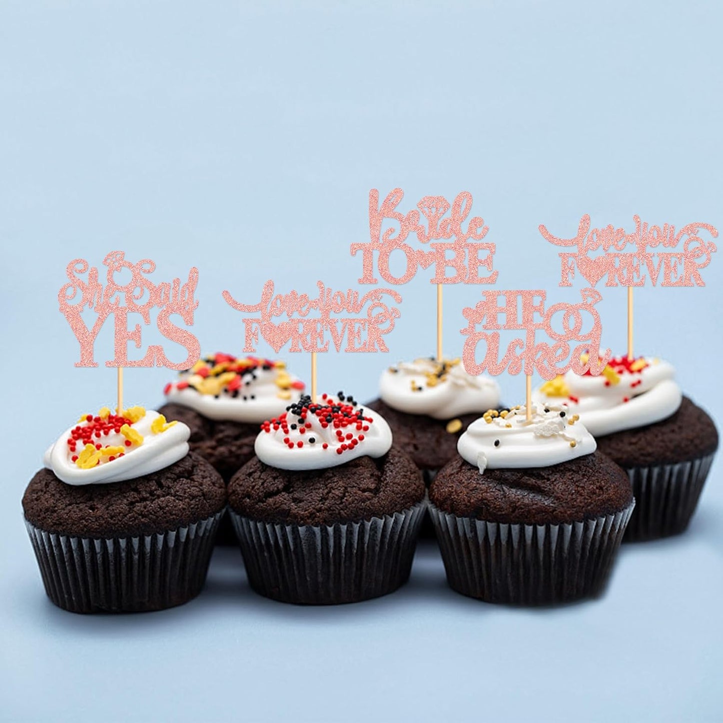 24 Pcs He Asked She Said Yes Cupcake Toppers Cake Picks for Wedding Engagement Party Cake Picks for Wedding Bridal Shower Party Cake Decorations Rose Gold